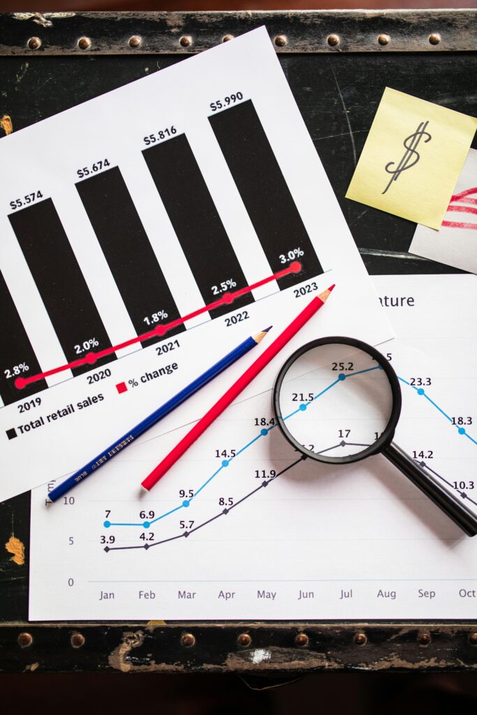 pexels photo 7948054 7948054 Financial documents showing charts and graphs with a magnifying glass and pencils for detailed analysis.